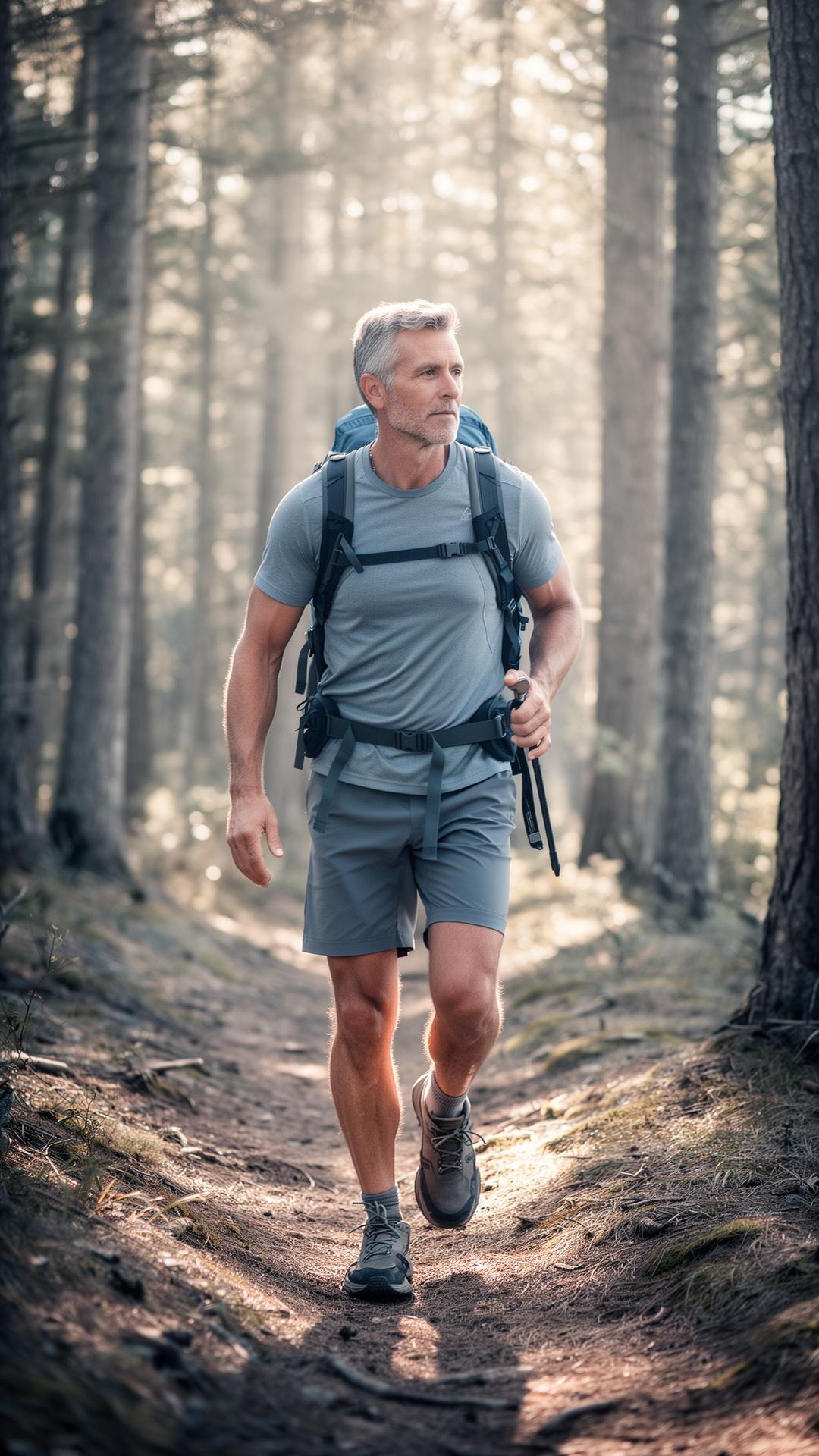 An active middle-aged hiker on a forest trail