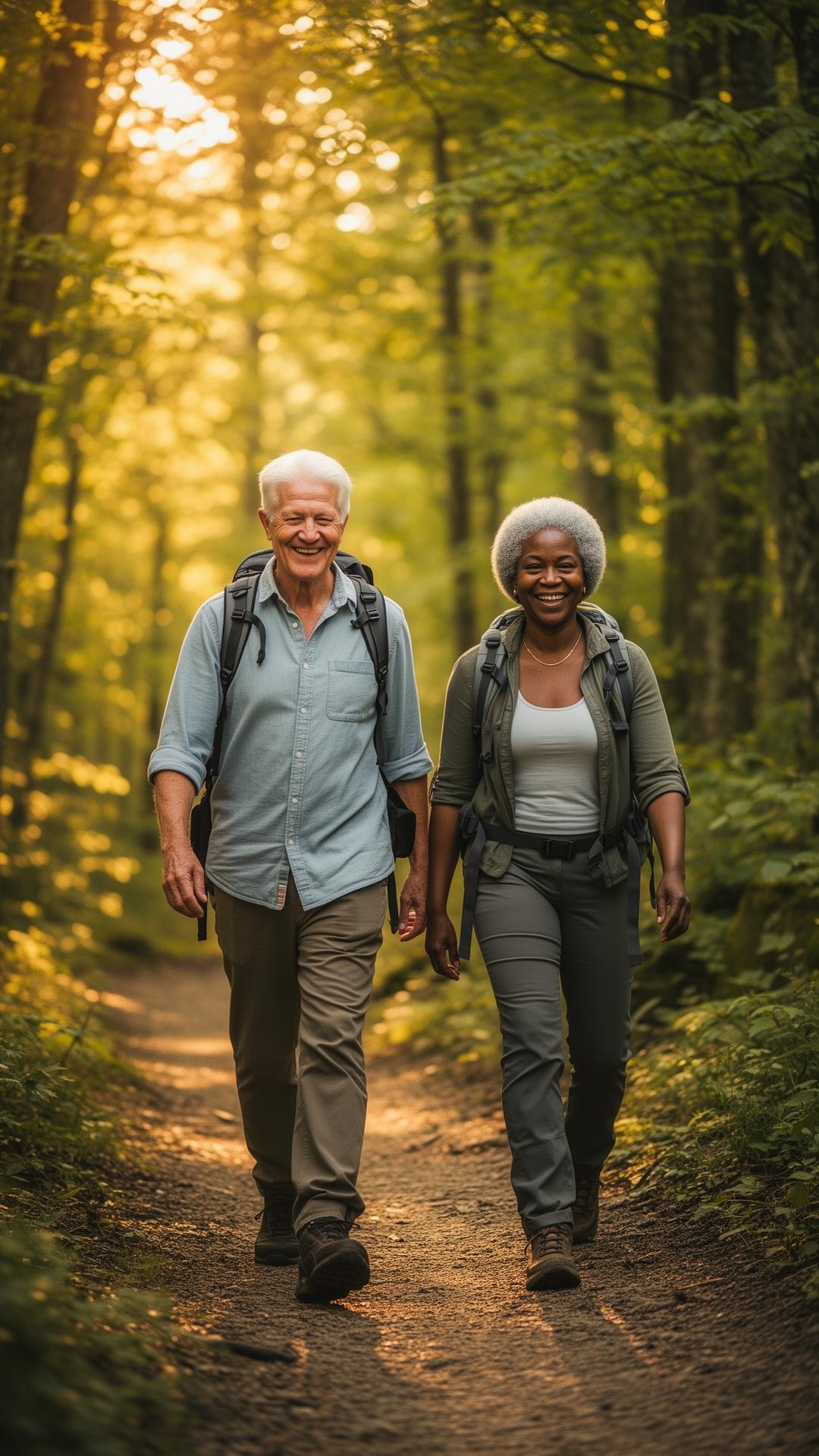 Two smiling older adults hiking together on a sunlit forest trail